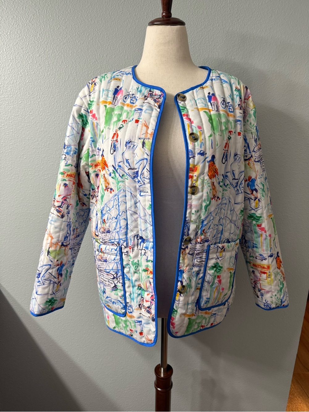 Parisian European Whimsical Print Quilted Jacket Button Front Fully Lined, NWOT - Picture 6 of 10